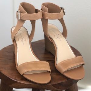 Jessica Simpson nude tan wedges with ankle strap 9